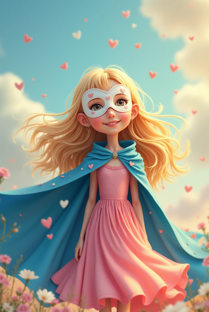 Create an image of a story where you can see a girl with blonde hair, pink dress, putting on his blue cape with white hearts and his white mask with pink hearts