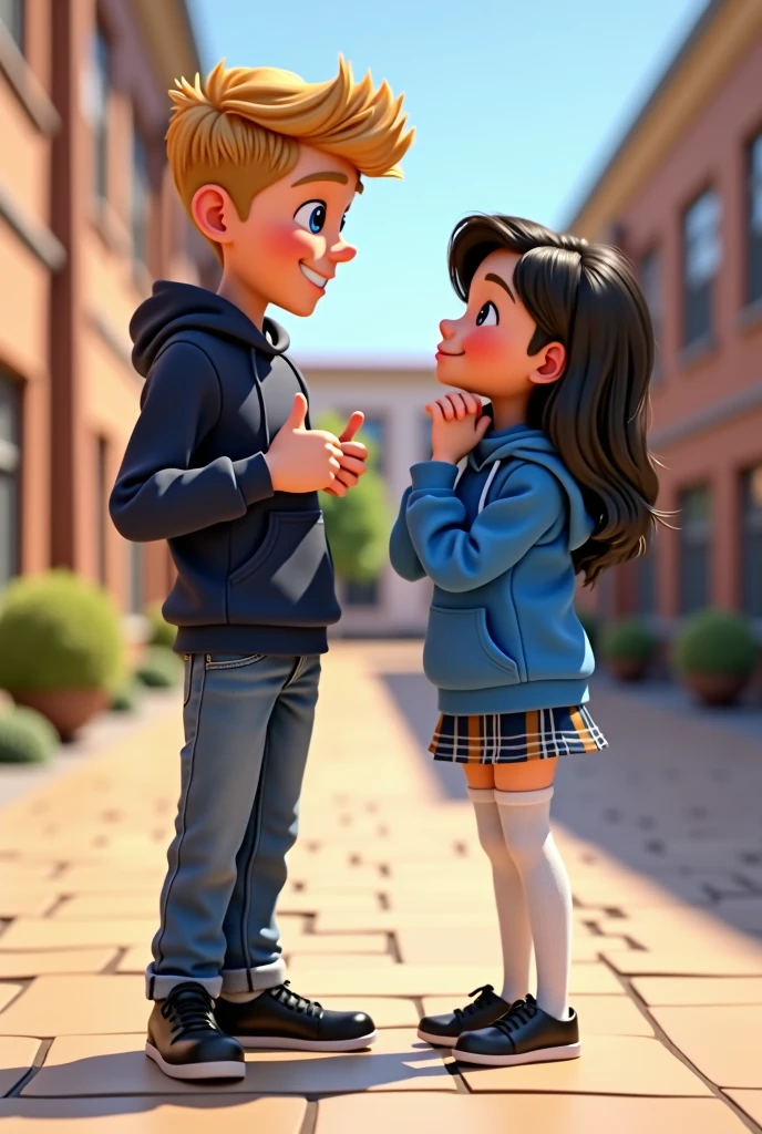The pose shows two characters standing facing each other. The male character on the left, a blond, blue-eyed 13-year-old boy, is giving a thumbs-up gesture with his right hand, smiling confidently. The female character, a on the right, has her left arm wrapped around the male character's arm while her right hand rests on her chin, with a thoughtful expression. Both characters are rendered in 3D using Blender, and are designed in a Pixar style. The male character is wearing a dark blue sweatshirt, blue jeans, and black shoes, and the female character is dressed in a blue sweatshirt, a plaid skirt, white tights, and black shoes. The background is a district school in Bogota, and the rendering is high definition, highly detailed, and high quality.