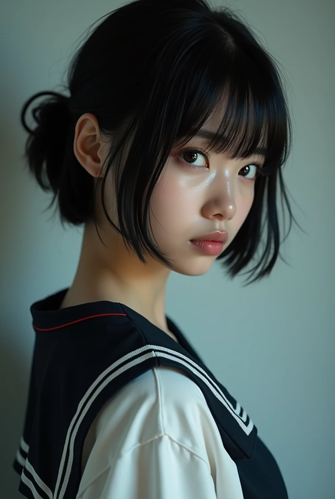 Realistic glowing skin, (sweating:1.8),Stand backwards,Look back at your face,Always look at the camera,(sweating:1.6),(I can see her small beautiful nipples:1.4),,(whole body:1.8),(Shiny, slimy, realistic white skin:1.9),White socks, black leather shoes,
,Cold look,Cold Stare,Black Hair,short hair,Tie your hair short,Silky translucent white skin,,(Very detailed美しい顔), Great face and eyes, (Highest quality:1.4), (Very detailedな), (Very detailed CG 統合 8k 壁紙), Very detailed, High resolution raw color photos, Professional photography, Realistic portrait,Sweat,(Small beautiful breasts:1.9),(B cup:1.8),
(少女のwhole bodyの詳細なRAW写真), Canon EOS R5 250mm, Sharp focus, Cinema Lighting, (No makeup:1.2), Fine skin, Delicate collarbone,,(Ultra-high resolution:1.6), (Realistic:1.6),,(Japanese high school girls:1.9),(:1.9),