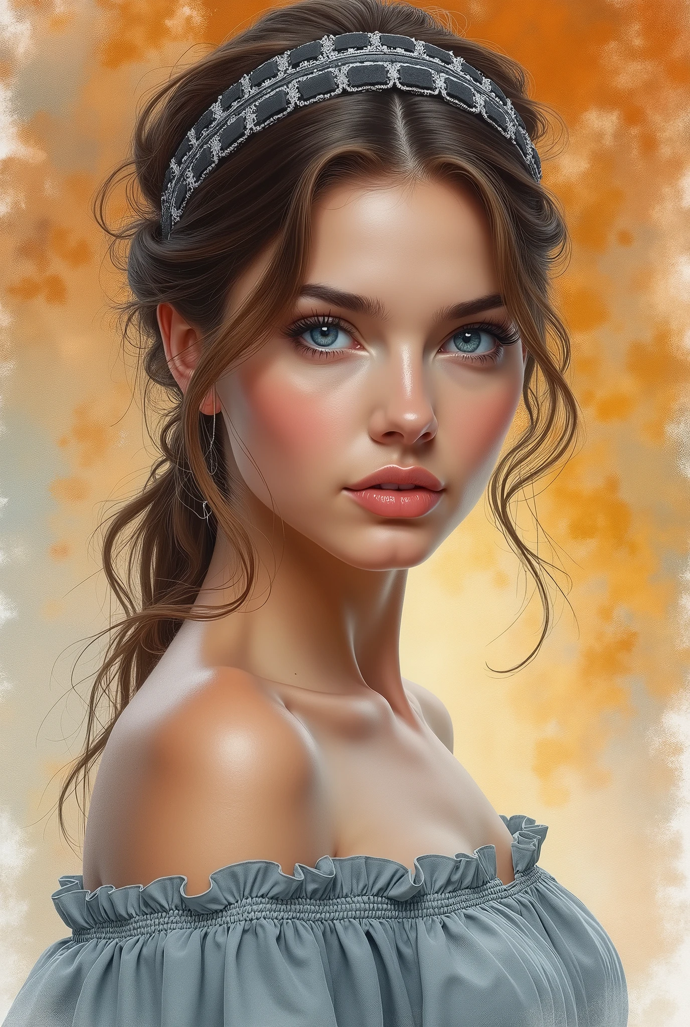 (8k, best quality, masterpiece: 1.2), (best quality: 1.0), (ultra-high resolution: 1.0), watercolor, a beautiful woman, (shiny pupils,blue pupils),shoulders, headband, Agnes Cecil, bust portrait, extremely bright design, pastel colors, autumn lights, moody gray, gritty style style Alexei Savlasov, Ivan Shishkin, Ilya Repin, (card retouching: 1.2), 2d, (oil painting: 1.2) highly detailed