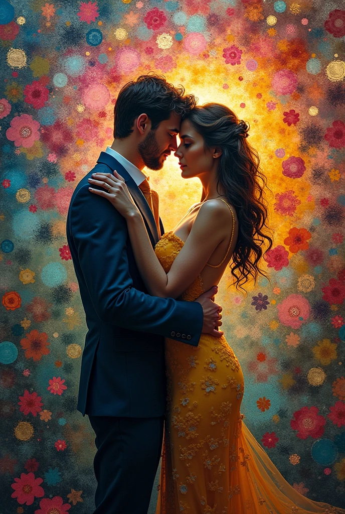 A couple hugging, Scene of Happiness，very beautiful:1.4, Like a dream, Inspired by: stefan koidl , Symbolic, Patchwork style_Background with complex patterns, Vibrant colors, Dramatic lighting casts surreal shadows, Fantasy elements, Magic realism atmosphere, Wide-angle viewing angle creates optical illusions.(masterpiece, best quality:1.4)