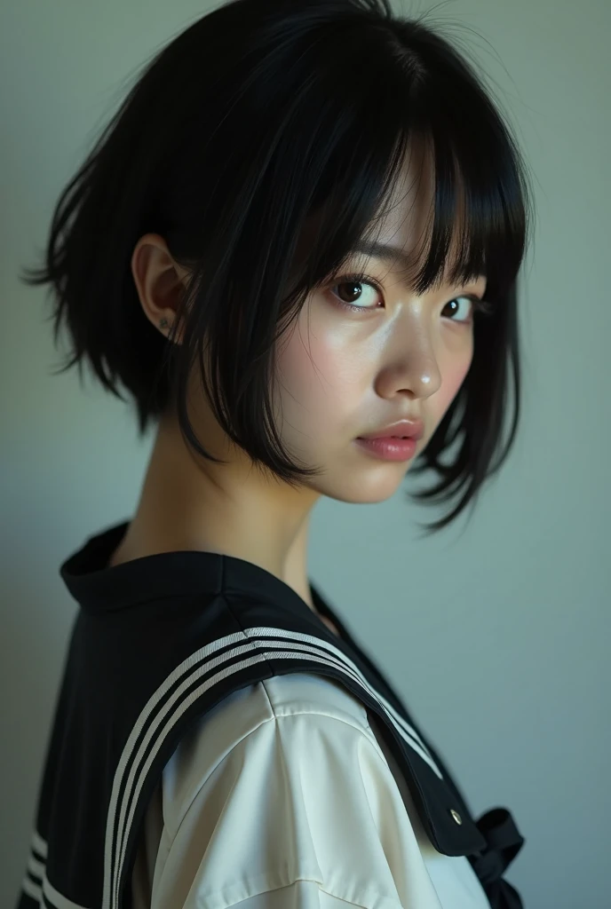 Realistic glowing skin, (sweating:1.8),Stand backwards,Look back at your face,Always look at the camera,(sweating:1.6),(I can see her small beautiful nipples:1.4),,(whole body:1.8),(Shiny, slimy, realistic white skin:1.9),White socks, black leather shoes,
,Cold look,Cold Stare,Black Hair,short hair,Tie your hair short,Silky translucent white skin,,(Very detailed美しい顔), Great face and eyes, (Highest quality:1.4), (Very detailedな), (Very detailed CG 統合 8k 壁紙), Very detailed, High resolution raw color photos, Professional photography, Realistic portrait,Sweat,(Small beautiful breasts:1.9),(B cup:1.8),
(少女のwhole bodyの詳細なRAW写真), Canon EOS R5 250mm, Sharp focus, Cinema Lighting, (No makeup:1.2), Fine skin, Delicate collarbone,,(Ultra-high resolution:1.6), (Realistic:1.6),,(Japanese junior high school girls:1.9),(:1.9),