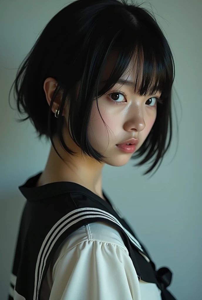 Realistic glowing skin, (sweating:1.8),Stand backwards,Look back at your face,Always look at the camera,(sweating:1.6),(I can see her small beautiful nipples:1.4),,(whole body:1.8),(Shiny, slimy, realistic white skin:1.9),White socks, black leather shoes,
,Cold look,Cold Stare,Black Hair,short hair,Tie your hair short,Silky translucent white skin,,(Very detailed美しい顔), Great face and eyes, (Highest quality:1.4), (Very detailedな), (Very detailed CG 統合 8k 壁紙), Very detailed, High resolution raw color photos, Professional photography, Realistic portrait,Sweat,(Small beautiful breasts:1.9),(B cup:1.8),
(少女のwhole bodyの詳細なRAW写真), Canon EOS R5 250mm, Sharp focus, Cinema Lighting, (No makeup:1.2), Fine skin, Delicate collarbone,,(Ultra-high resolution:1.6), (Realistic:1.6),,(Japanese junior high school girls:1.9),(:1.9),