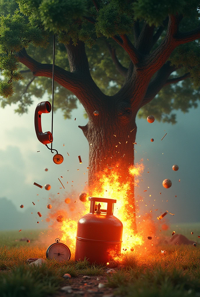 An gas cylinder blasting under tree .A telephone is in tree . A compass hanging.