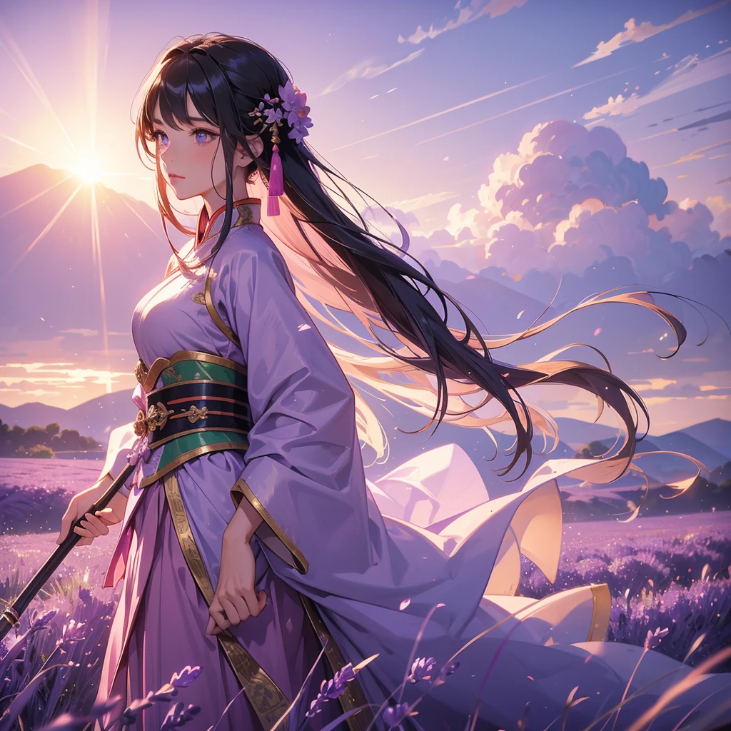 A beautiful female general holding a big spear in pink ancient Chinese general costume, walking In the middle of lavender fields , Surrounded by lavender fields, purple, with green mountains in the background, low clouds, the sun is about to set. close up.