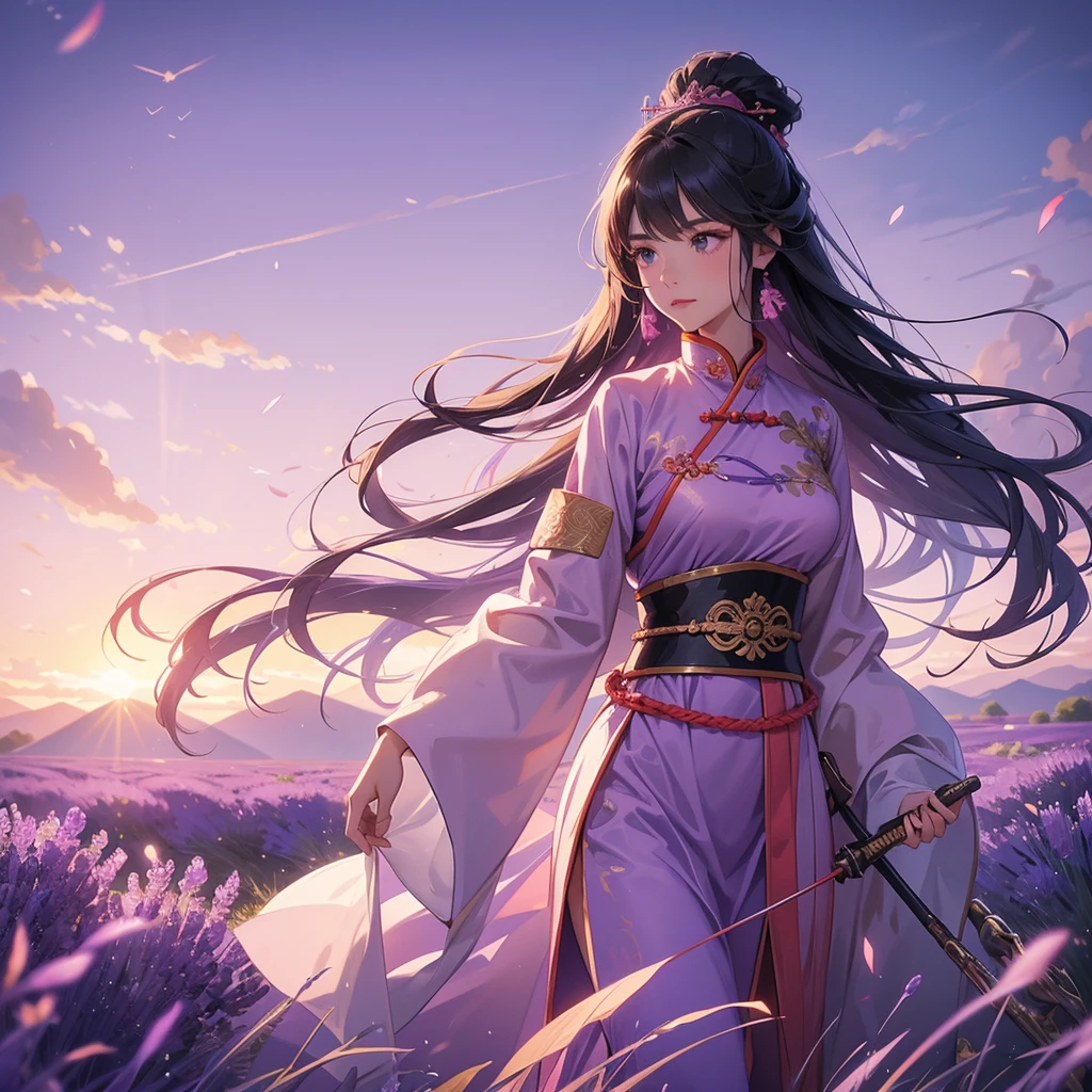 A beautiful female general holding a big spear in pink ancient Chinese general costume, walking In the middle of lavender fields , Surrounded by lavender fields, purple, with green mountains in the background, low clouds, the sun is about to set. close up.