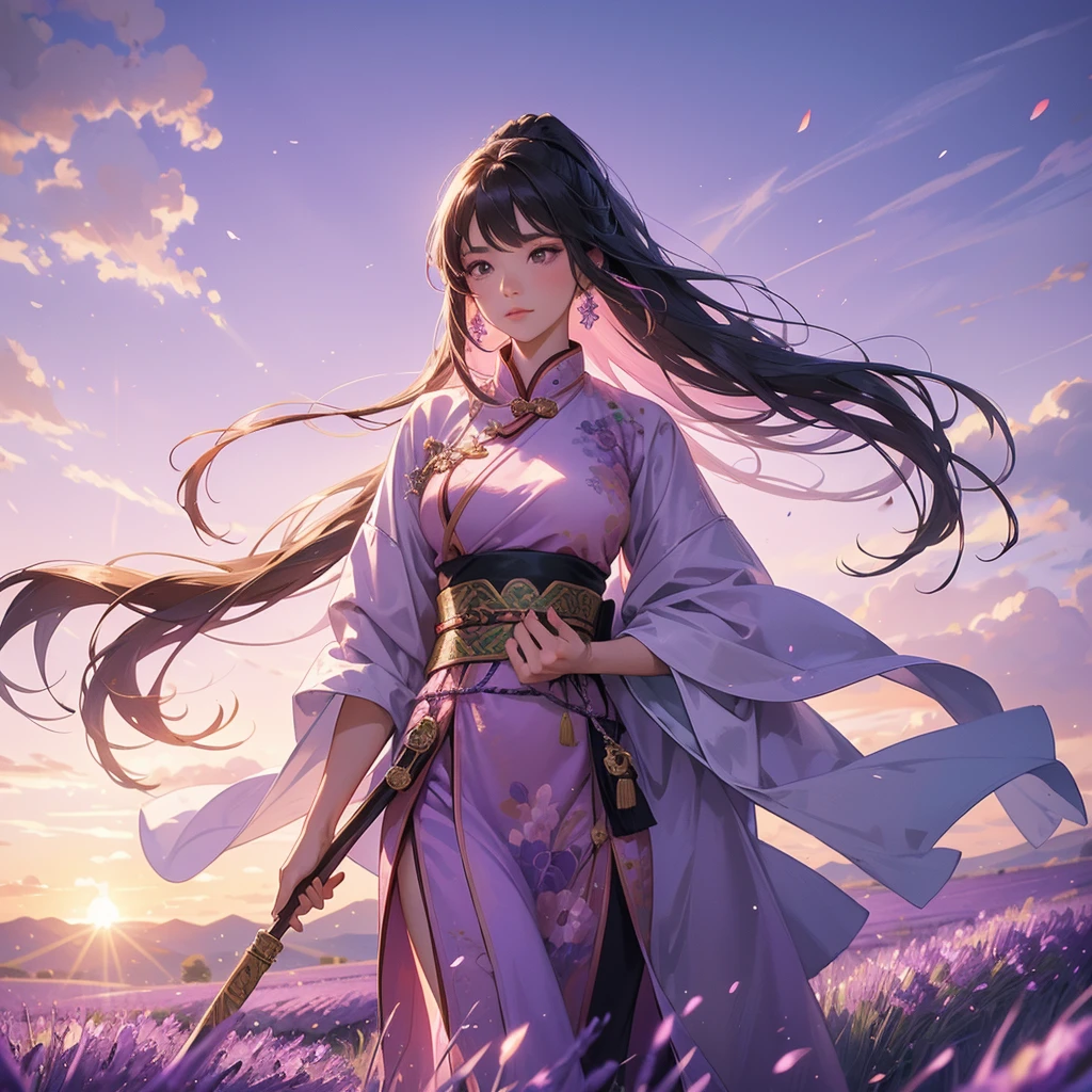 A beautiful female general holding a big spear in pink ancient Chinese general costume, walking In the middle of lavender fields , Surrounded by lavender fields, purple, with green mountains in the background, low clouds, the sun is about to set. close up.