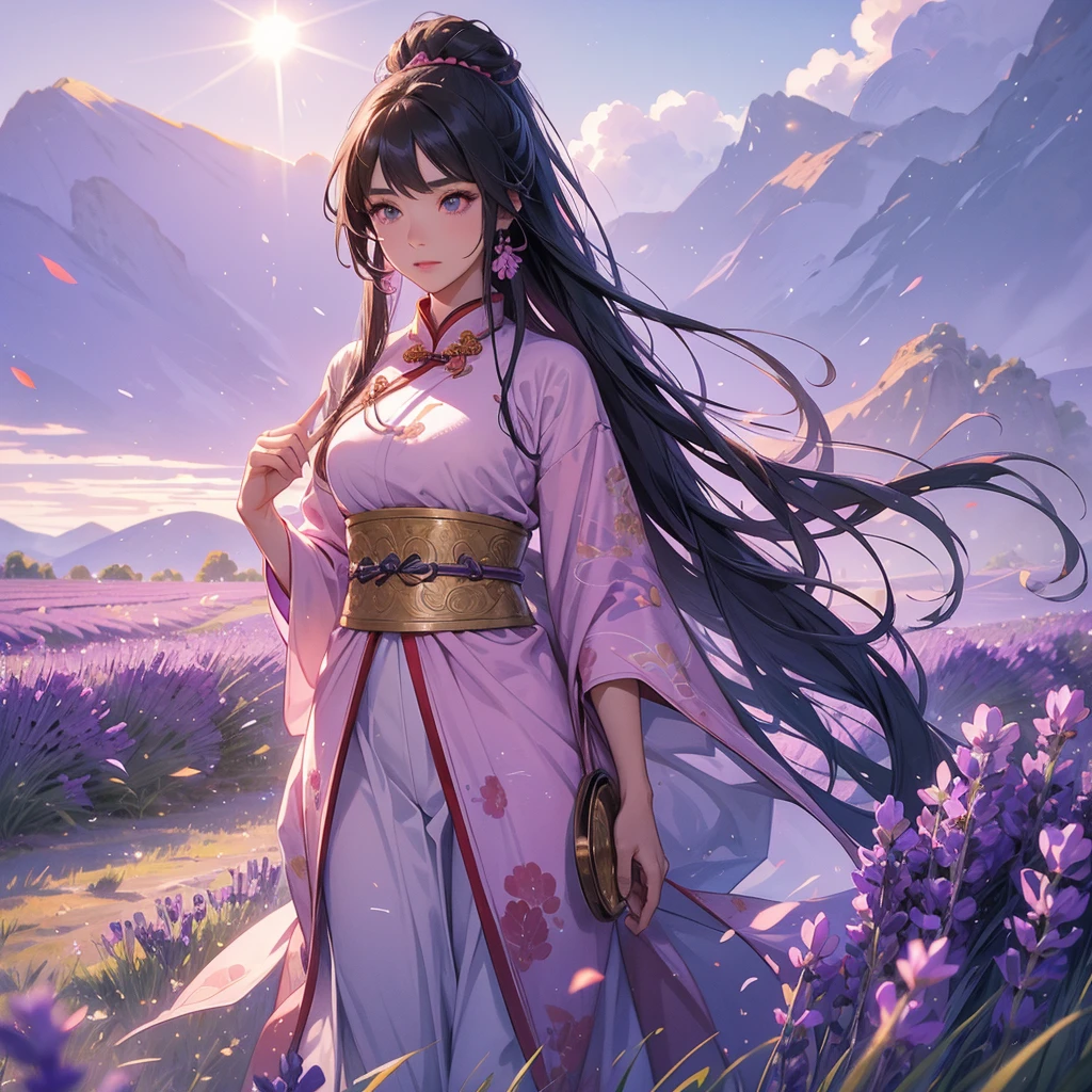 A beautiful female general holding a big spear in pink ancient Chinese general costume, walking In the middle of lavender fields , Surrounded by lavender fields, purple, with green mountains in the background, low clouds, the sun is about to set. close up.