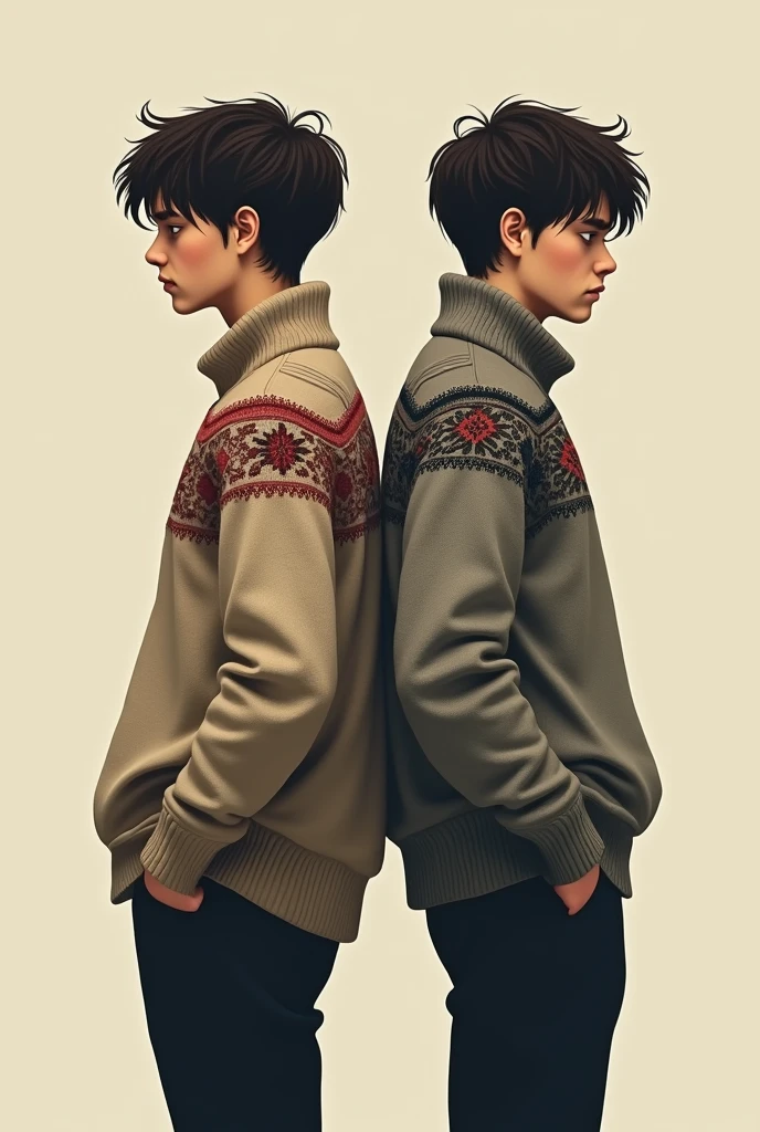 Brothers with their backs to each other in sweaters
