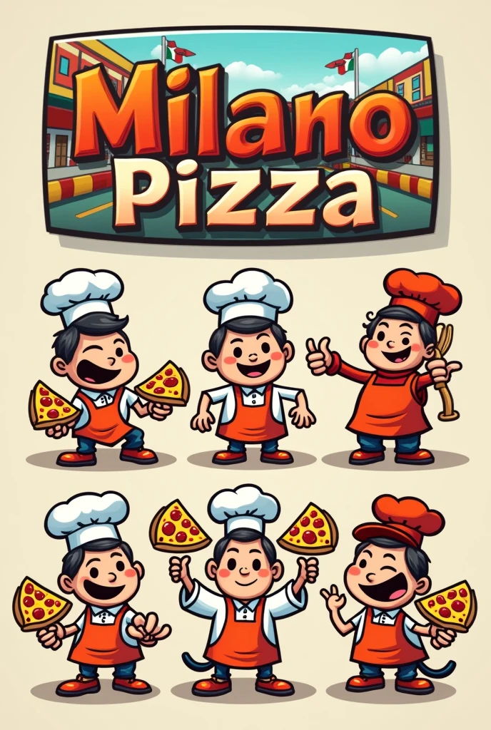 Logo  et personnages humour pour ma pizzeria " Milano Pizza " en lien avec le karting électrique partenaire juste a côté 
