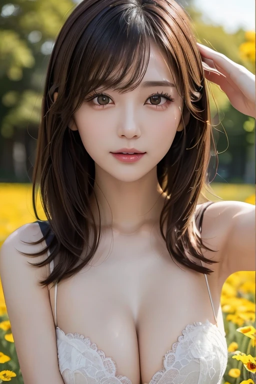 ((Exposing breasts 1.6))),(((Exposing breasts 1.6))),(((Exposing breasts 1.6))),masterpiece, Highest quality, 8k, Absurd, Beautiful medium long bob hair,Woman in her late 20s, That shy expression is cute, (Sensual Style),((Seven episodes were filmed................1.4)), (Nude 1.5), No makeup, The near road and the far road, Written boundary depth, Surreal, High resolution, photograph, Sharp focus, Face lamp, Dynamic Lighting, highest detailed, ,Extreme detaileds、Super detaileded、detailed、Real Skin、elegant features、Positive and optimistic、(The background is a colorful flower field)