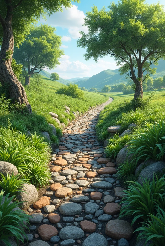 drainage channel filled with stones and plants in rural path, make the drainege channel without water and just with a lot of rocks (fill to the brim) and some plants every couple of meters