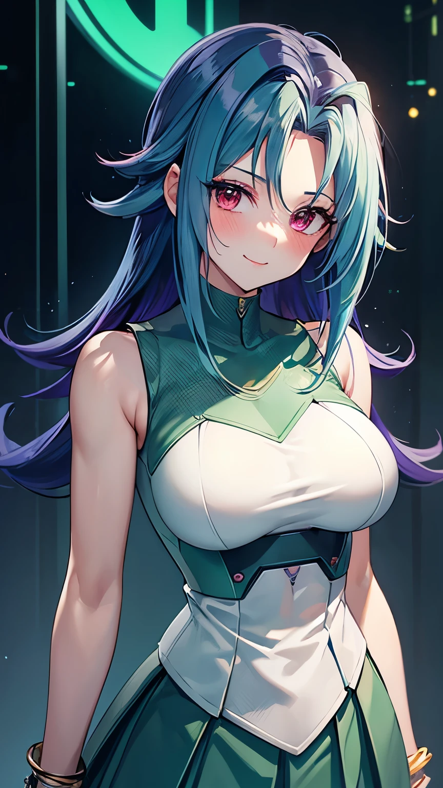 masterpiece, best quality, highres, kr1, multicolored hair, dyed bangs, white shirt, sleeveless, green skirt, pleated skirt,smile,big tits  ,looking at viewer,top view,(standing), bracelet, Cyber city,green neon lights,((perfect face)),perfect body, perfect , high definition,blush,((upper body))