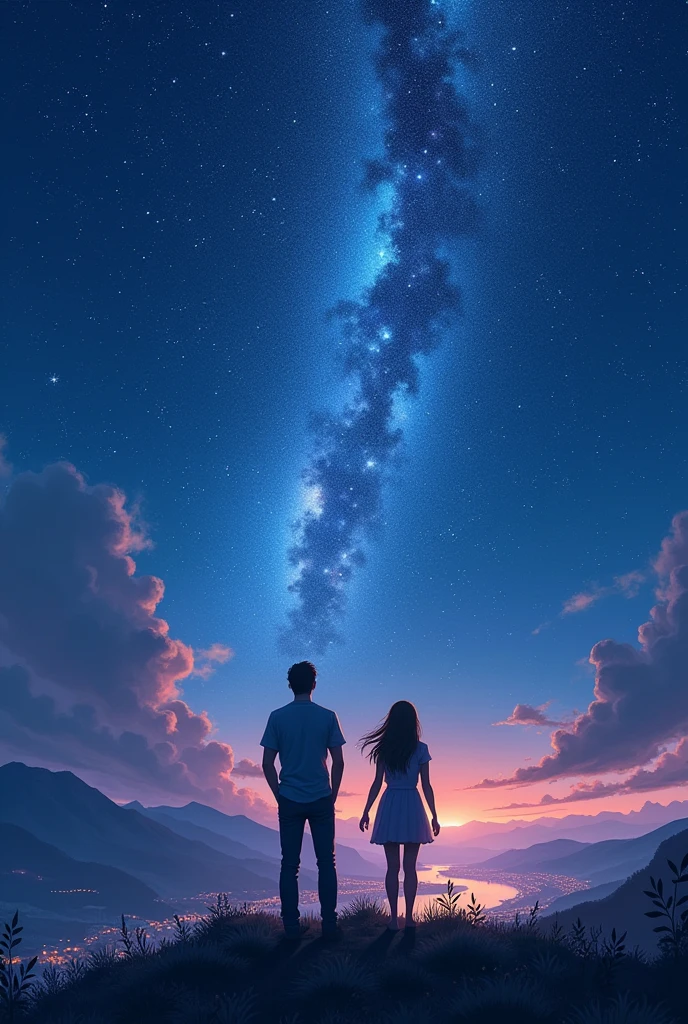 A book cover of night sky full of stars and a glimpse of lights on the town and a man and woman looking at the sky facing back. 