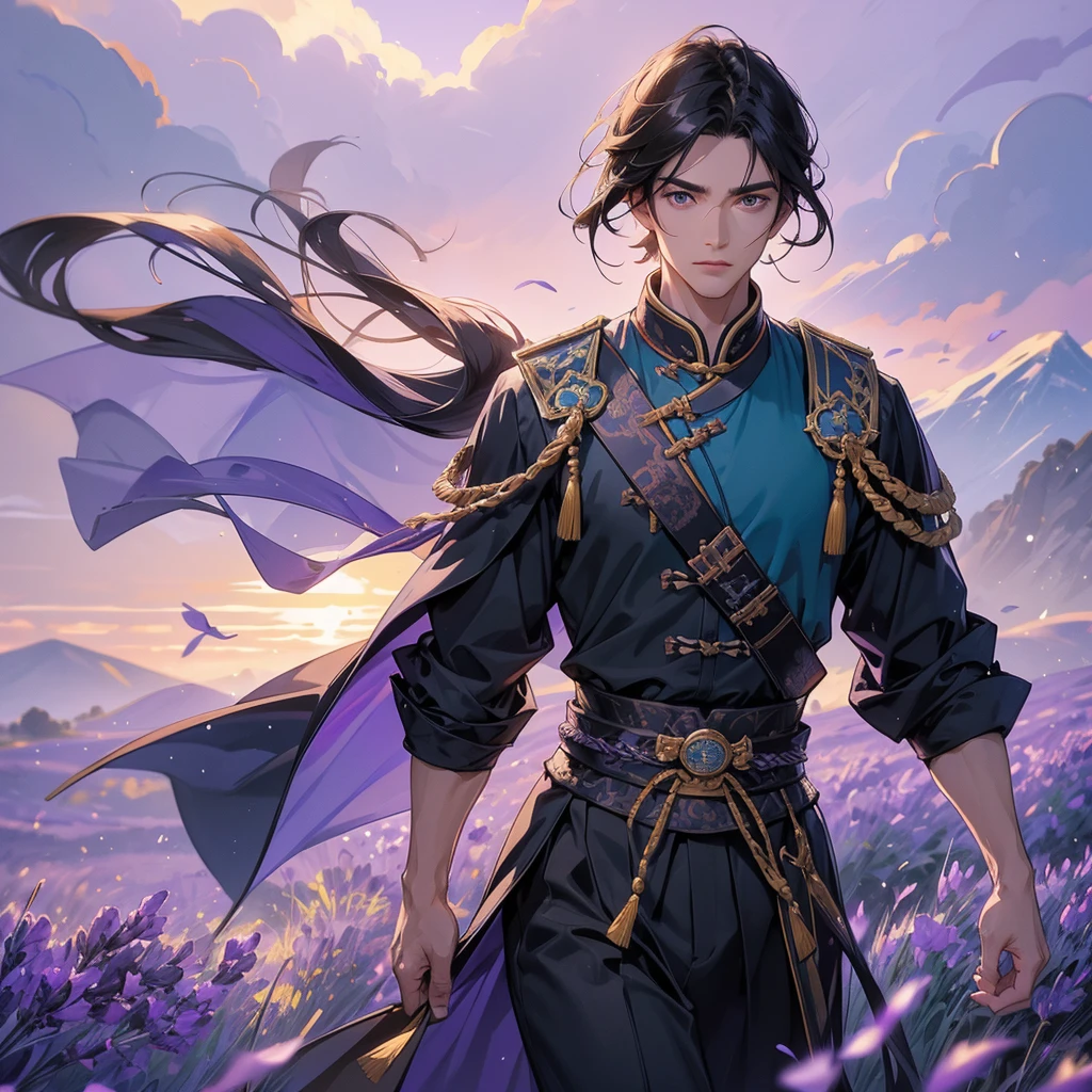 Handsome black-haired male general holding a large sword in blue ancient Chinese general costume, walking In the middle of lavender fields , Surrounded by lavender fields, purple, with green mountains in the background, low clouds, the sun is about to set, close up.