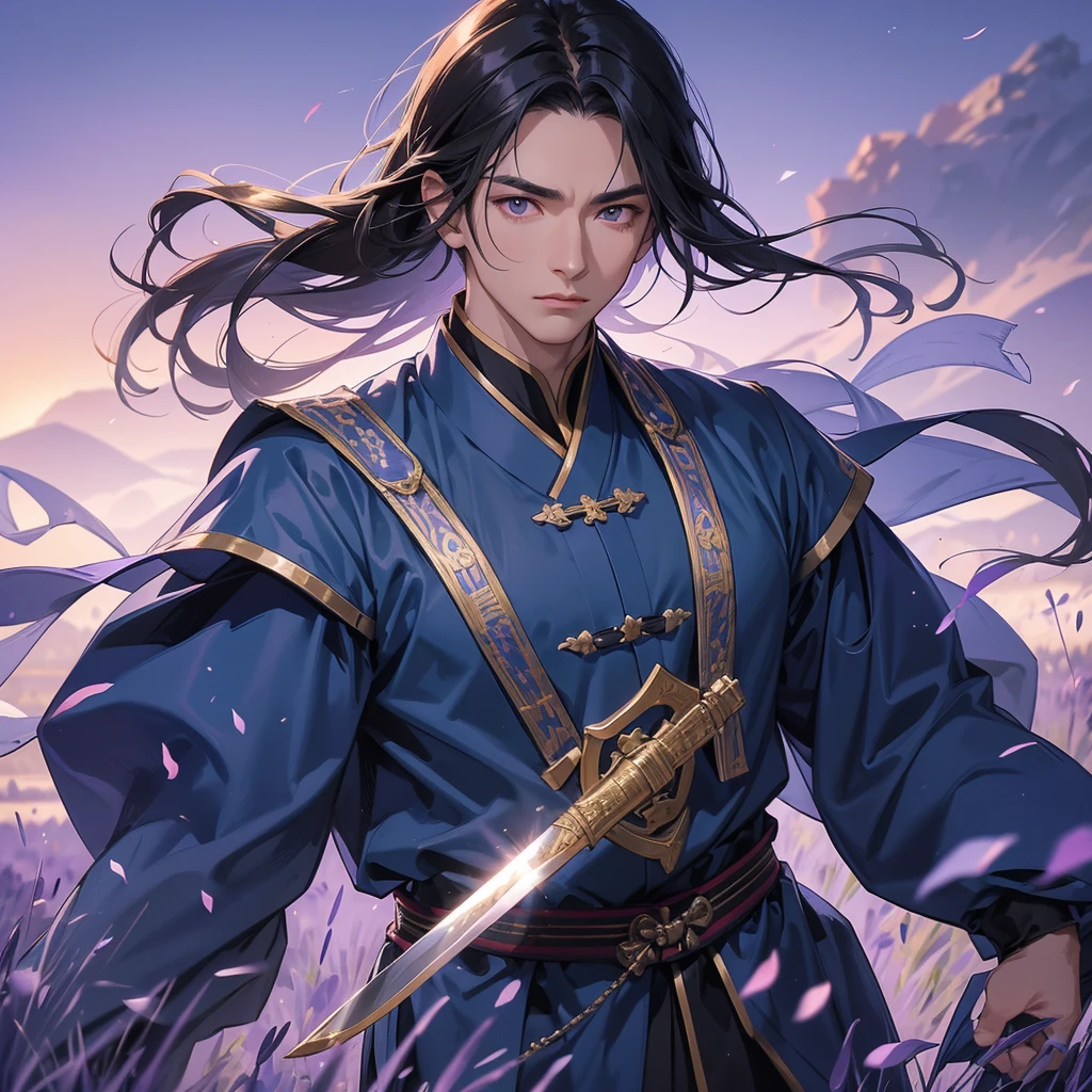 Handsome black-haired male general holding a large sword in blue ancient Chinese general costume, walking In the middle of lavender fields , Surrounded by lavender fields, purple, with green mountains in the background, low clouds, the sun is about to set, close up.
