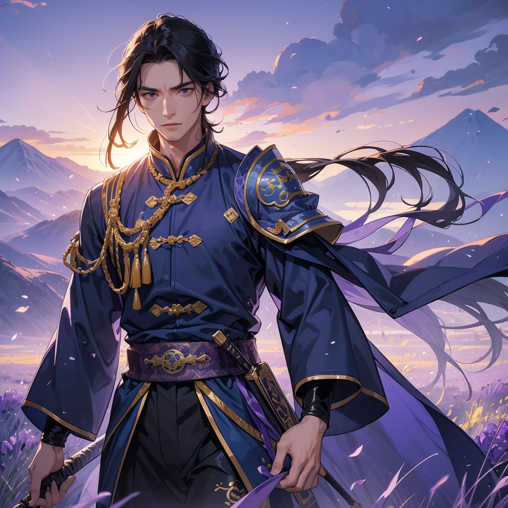 Handsome black-haired male general holding a large sword in blue ancient Chinese general costume, walking In the middle of lavender fields , Surrounded by lavender fields, purple, with green mountains in the background, low clouds, the sun is about to set, close up.