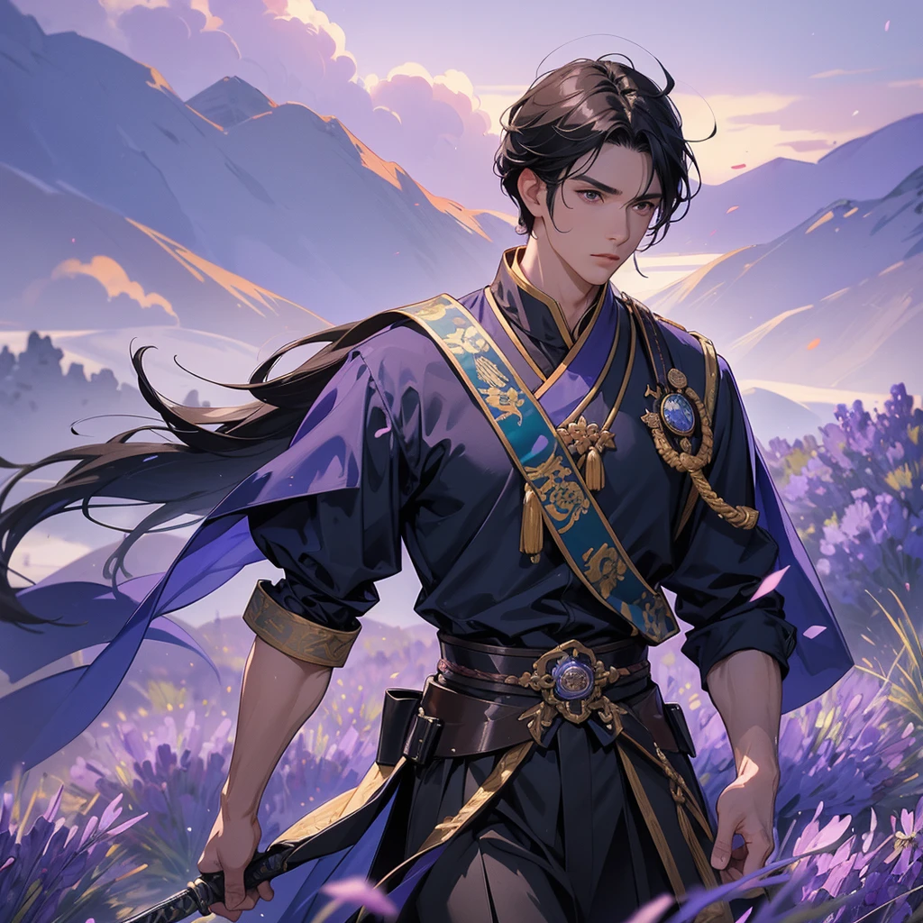 Handsome black-haired male general holding a large sword in blue ancient Chinese general costume, walking In the middle of lavender fields , Surrounded by lavender fields, purple, with green mountains in the background, low clouds, the sun is about to set, close up.