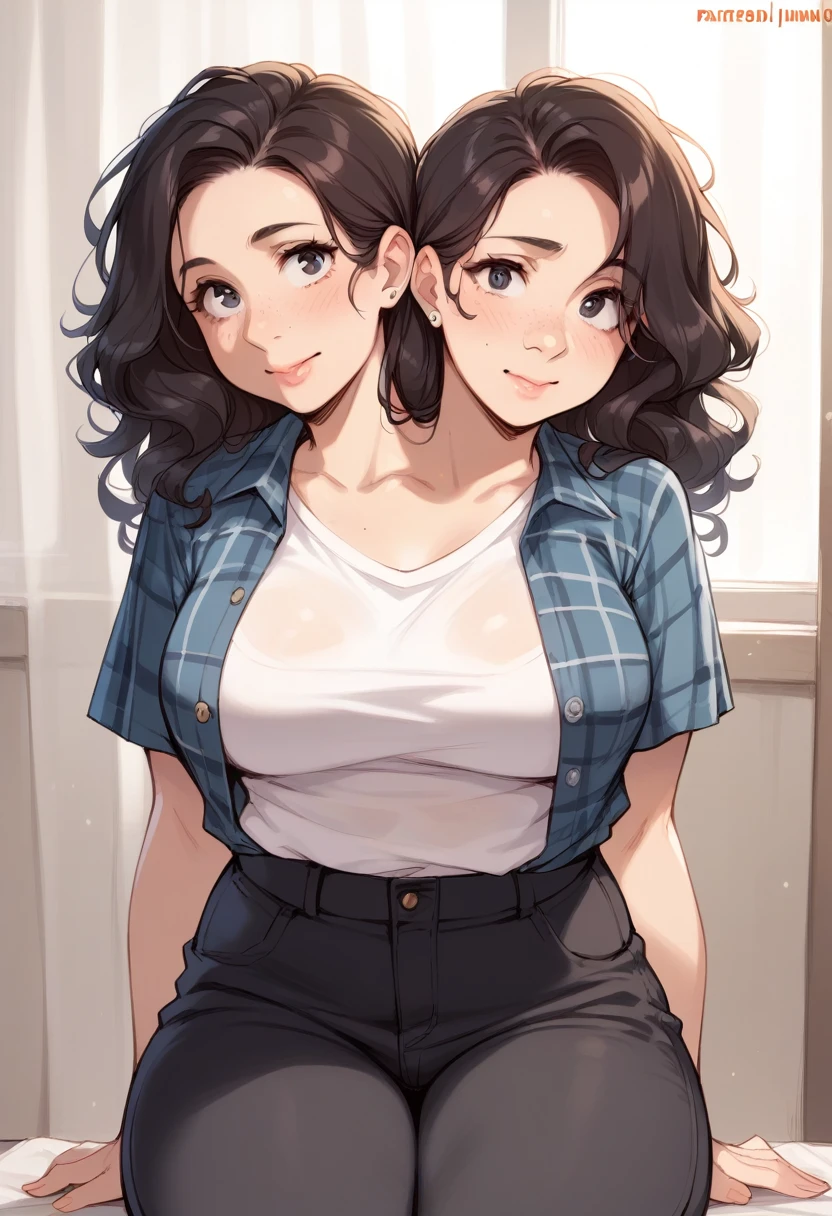 2heads, a thick woman with two heads. She is in a call center office with cubicles. She is wearing an unbuttoned plaid flannel shirt, t-shirt underneath, and black pants. She has messy long curly long dark hair. She has baggy eyes, strong nose. She has a big thighs.