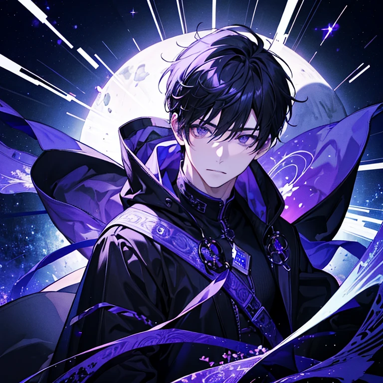 hope、Black purple light、ephemeral、Spectacular views、night、star、beautiful、move、A handsome man in an upper body shot、Black Hair、Narrow eyes、dark、An illustration、hoodie