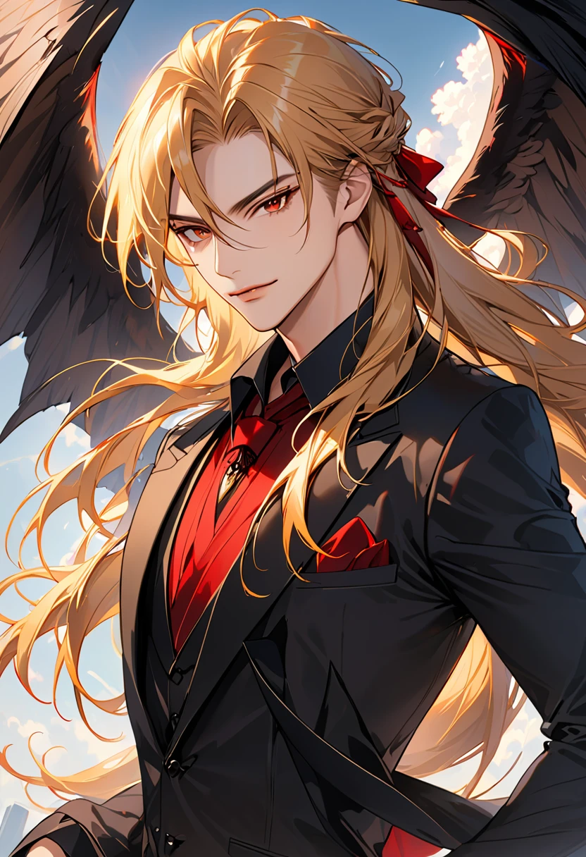 Only 1 man, Very handsome man, golden hair with long hair style, red eyes, wear black suit and black wings, vampire vibes