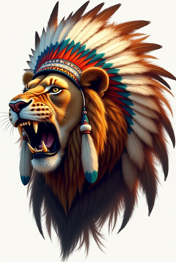 Right profile of a roaring Lion Head with a large headdress of indigenous colored feathers