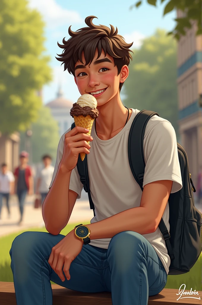 A male student eating ice cream 