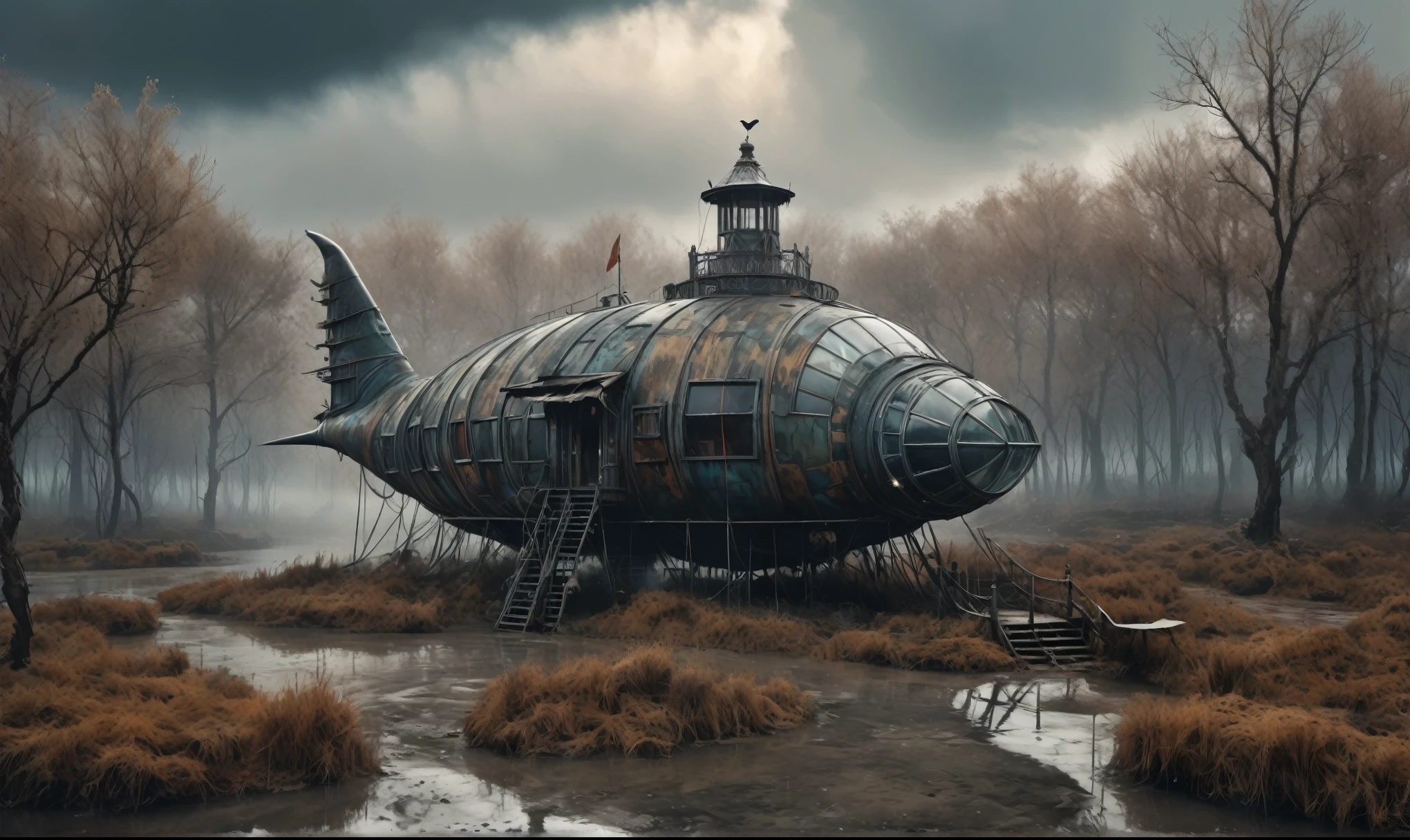 insane pilot from USSR , camouflage Rusty, after a psychiatric clinic,winter,intricate landscape,slate grey atmosphere,film grain,faded,eyes extremely detailed,another world,view from height,once pretty face,eyebrow up,full body shot,ominous landscape, Simon Stalenhag,Nicola Samori,full body shot,beggar paladium The Alien Entity,Technicolor,natural skin textures, hyper realism, hyper detailed,Extremely detailed,High contrast,Masterpiece,Realistic,Ultra Detailed, intricate details,realistic humid leather,extremly intricate,Epic Realistic, cinematic style,irina yermolova,high contrast,hdr,extremely detailed, deep night landscape,masterpiece,intricate details,faded,eyes extremely detailed, high detailed eyes,8k resolution,RAW,retina, Nikon Z9,China,tkt style, transition between two art styles, Ink painting to photorealism, Double contact, X-ray, Creative, vivid light, masterpiece, fantasy, Abstract Surrealism, super detailed, high resolution, stop:35;Her skin is pale, almost translucent,ancient rock,a hot air soars through the layers of clouds, revealing a colossal and enigmatic cityscape nestled within. The buildings in this ethereal city are adorned with intricate details and exude an aura of mystery. Above the cityscape, lend an enchanting touch to the scene. steampunk. The intricate mechanics create a sense of wonder and fascination, as if stepping into a dreamlike realism,Marta Bevacqua, ais-sinisterz, a derelict circus in the middle of a swamp, remnants of colorful tents, a silent carousel with spectral horses, all under a sky heavy with storm clouds