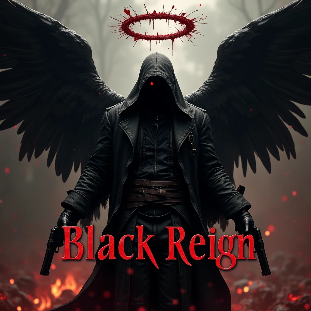 Black hooded man, mysterious, red eyes, bloody angel halo above head, big black angel wings, bloody background, holding two pistols, word “Black Reign” in large text below it, hyper realism, logo