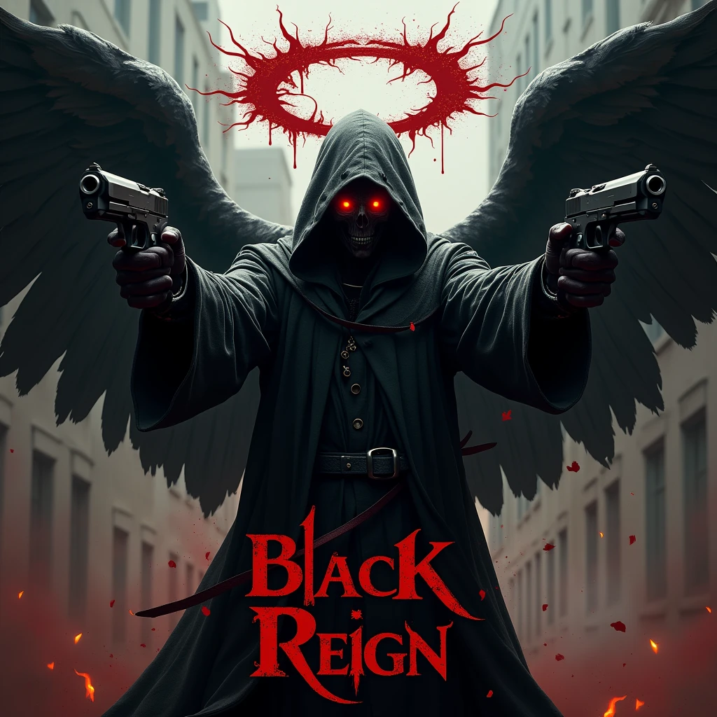 Black hooded man, mysterious, red eyes, bloody angel halo above head, big black angel wings, bloody background, holding two pistols, word “Black Reign” in large text below it, hyper realism, logo