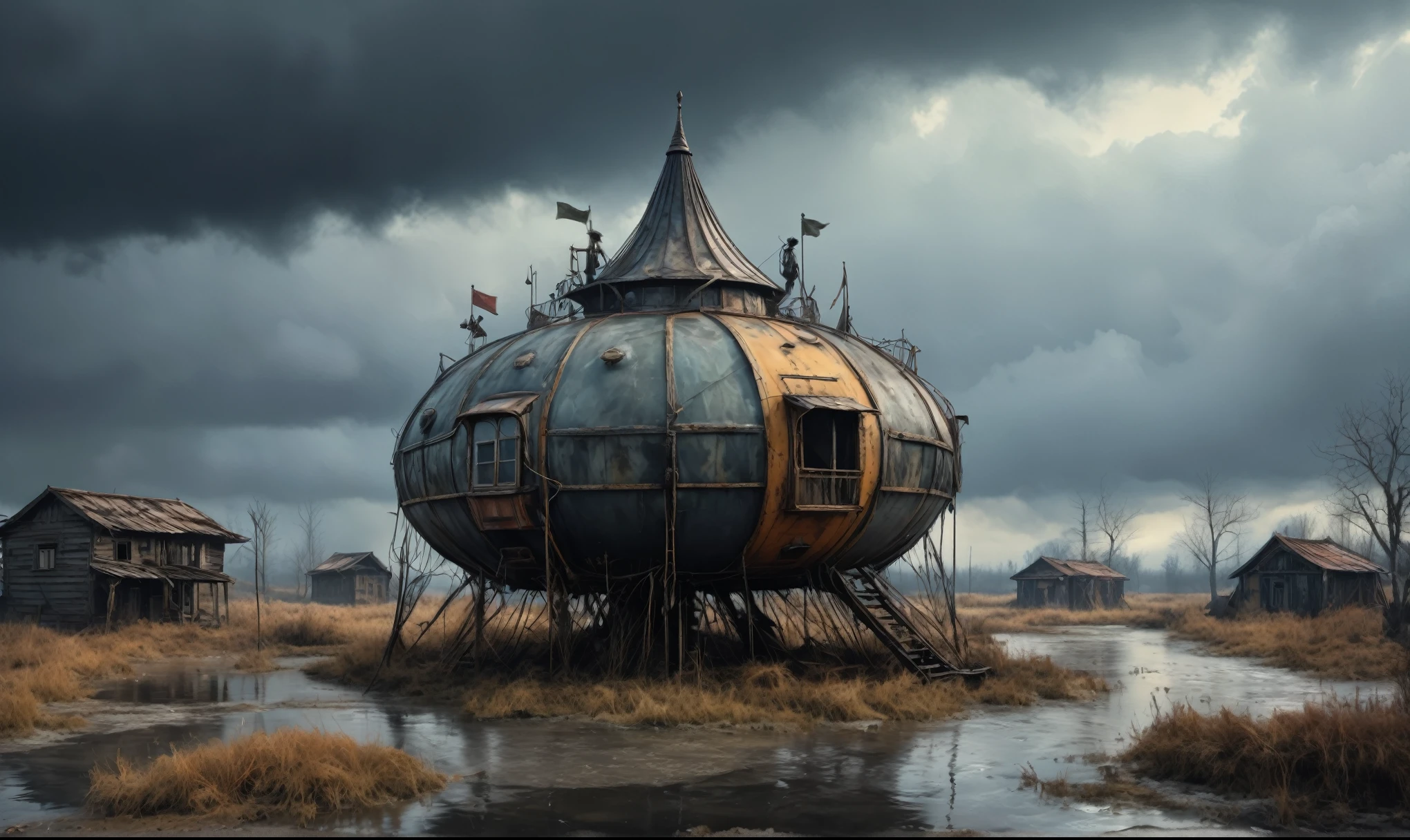 insane pilot from USSR , camouflage Rusty, after a psychiatric clinic,winter,intricate landscape,slate grey atmosphere,film grain,faded,eyes extremely detailed,another world,view from height,once pretty face,eyebrow up,full body shot,ominous landscape, Simon Stalenhag,Nicola Samori,full body shot,beggar paladium The Alien Entity,Technicolor,natural skin textures, hyper realism, hyper detailed,Extremely detailed,High contrast,Masterpiece,Realistic,Ultra Detailed, intricate details,realistic humid leather,extremly intricate,Epic Realistic, cinematic style,irina yermolova,high contrast,hdr,extremely detailed, deep night landscape,masterpiece,intricate details,faded,eyes extremely detailed, high detailed eyes,8k resolution,RAW,retina, Nikon Z9,China,tkt style, transition between two art styles, Ink painting to photorealism, Double contact, X-ray, Creative, vivid light, masterpiece, fantasy, Abstract Surrealism, super detailed, high resolution, stop:35;Her skin is pale, almost translucent,ancient rock,a hot air soars through the layers of clouds, revealing a colossal and enigmatic cityscape nestled within. The buildings in this ethereal city are adorned with intricate details and exude an aura of mystery. Above the cityscape, lend an enchanting touch to the scene. steampunk. The intricate mechanics create a sense of wonder and fascination, as if stepping into a dreamlike realism,Marta Bevacqua, ais-sinisterz, a derelict circus in the middle of a swamp, remnants of colorful tents, a silent carousel with spectral horses, all under a sky heavy with storm clouds