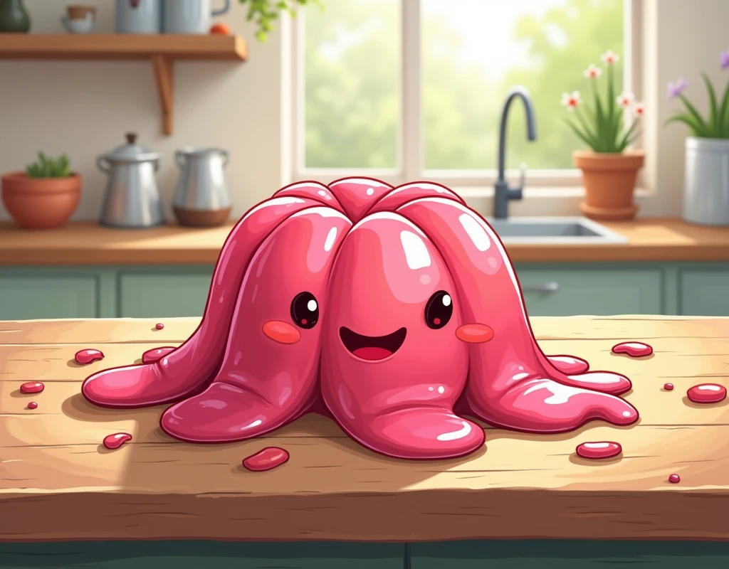Logo called Los Jellyciosos with jelly texture on a kitchen table all as a drawing