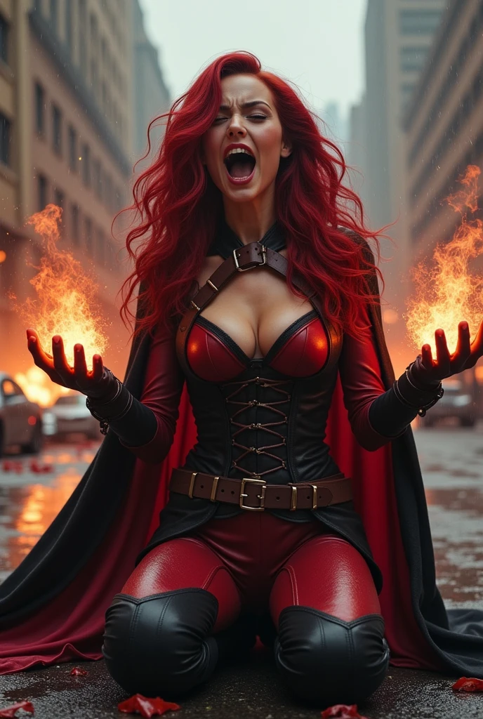 A beautiful woman Scarlet Witch long red hair wearing a burgundy jumpsuit combined with black burgundy cape boots and black gloves long boots up to her knees in an apocalyptic rainy city cars and buildings on fire magic in her hands black corset over her jumpsuit on her knees screaming exhausted after an extensive battle brown harness over her chest thick straps combining her jumpsuit magic in her hands burgundy cape with black