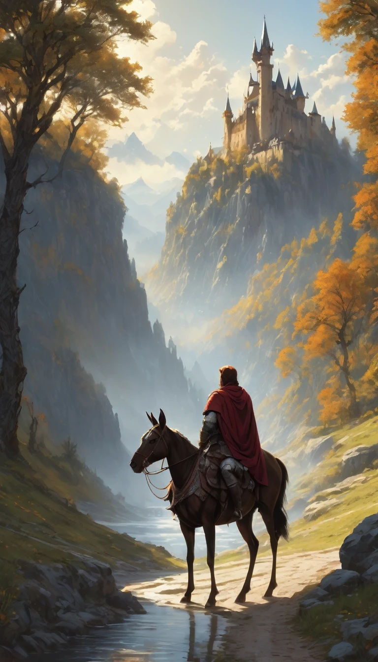 Image with many details, in the world of adventure and fantasy, beautiful landscape, harmonious nature, the figure of a medieval adventurer (viewing angle from behind) wearing a cloak, carrying a traveler's bag and a small wooden crucifix as accessories, is riding along a road on his horse. The scene is a beautiful landscape, the clouds are providing shade, deer are drinking on the riverbank, several trees, birds passing through the sky, on the horizon an ancient castle on a mountain, the moment is surrounded by magic and fiction, realistic painting, (focus of vision on the entire scene) (Carl Bloch) (inspired by the game "final fantasy") (inspired by fable books) (Best quality) (detailed) 8k, 1080p