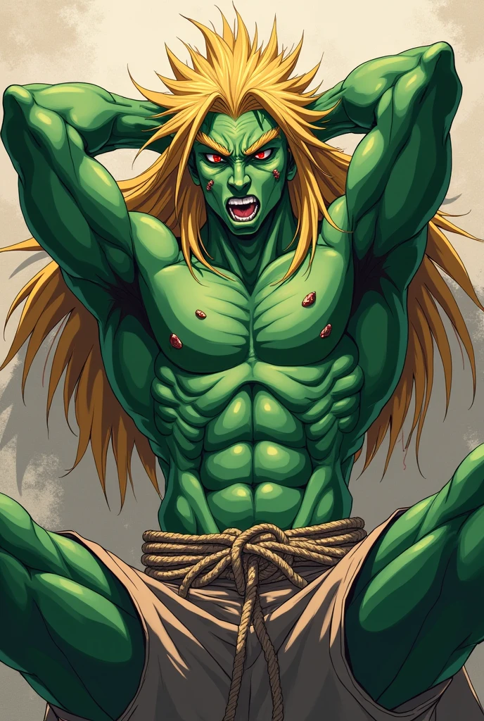 detailed eyes, (extreme detail:1.2), Nsfw, Anime style, score_9,score_8_up,score_7_up, best quality, masterpiece, high detailed, Kemono, (dragon) male, eastern dragon man, Big penis, athletic, Green skin, (Long blonde hair,) (disheveled hair,) ((long hair on side of head,)), Red eyes, (((Thin eyebrows))), (((arms behind head))), low-angle, ((sit)), rope bondage, ((torn clothes)), ((glaring)), saliva, v-shaped eyebrows, (furrowed brow), (((bondage))), bound, (full body), Exposed penis, ((Sweaty body)), sweat, with the legs spread, half-open mouth, (((precum))), (half-closed eyes), look at viewer