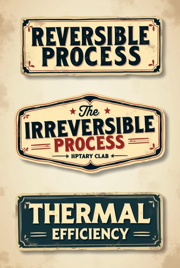 generate this words into vintage word style stickers
Reversible Process
Irreversible Process
Thermal Efficiency
