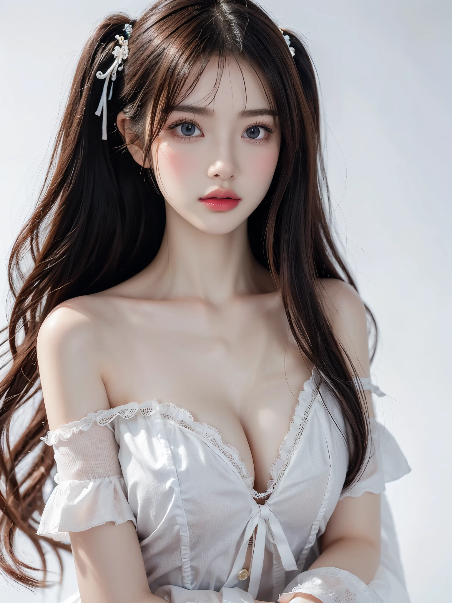 (((Big Breasts、blouse、Off the shoulder、one piece、White Background)))、amount、Northern Europe、Russia、美Girl、Platinum Blonde Hair、Straight Long Hair、Hitting the face and front of the eyes、Big Blue Eyes、Sheer white and wet nightgown、Northern Europeの若者、Perfect body、White tendon、Glowing Skin、Young and beautiful skin、A perfect and beautiful little face、Bright makeup、Pale pink lips、Bright expression、Girl、lipstick、Deceptive advertising、Viewer Vision、Golden Hour Lighting、Bokeh Atmosphere Perspective、detailed、Movie Light、複雑なdetailed、High resolution、 フェイスデザインのdetailedな特徴、Attention to detail、Clear focus、Smoothness、aesthetics、Printed、Octane、{{masterpiece}}