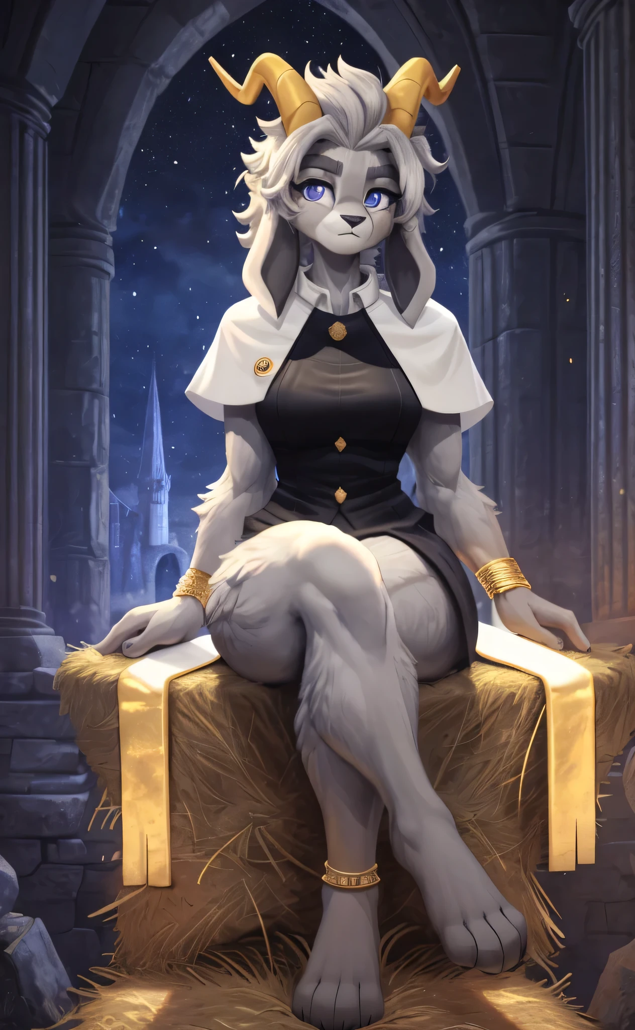 [sybil], [pseudoregalia], ((masterpiece)), ((HD)), ((high res)), ((solo portrait)), ((feet visible)), ((front view)), ((detailed fur)), ((cute cartoon aesthetic)), ((detailed shading)), {(anthro goat woman), (athletic figure), (grey body fur), (black nose), (long droopy bunny ears), (fluffy hair), (yellow narly horns), (bushy dark grey eyebrows), (cute indigo eyes), (long grey eyelashes), (medium breasts), (curvy hips), (beautiful legs), (defined paw feet), (blank expression)}, {(black sleeveless vest), (gold buttons), (white capelet), (gold rings in hair), (gold bracelets), (pantless), (nude)}, {(sitting on hay), (crossed legs), (hands on lap), (looking at viewer)}, [ambient lighting, castle ruins, nighttime, moonlight]