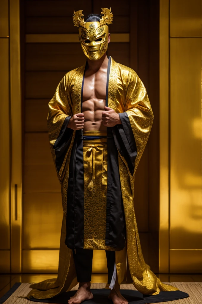 best quality, 8k, very delicate and beautiful, highly detailed face and skin texture, shiny skin, high resolution, man wearing kimono and golden sanxingdui mask, full body, sharp focus