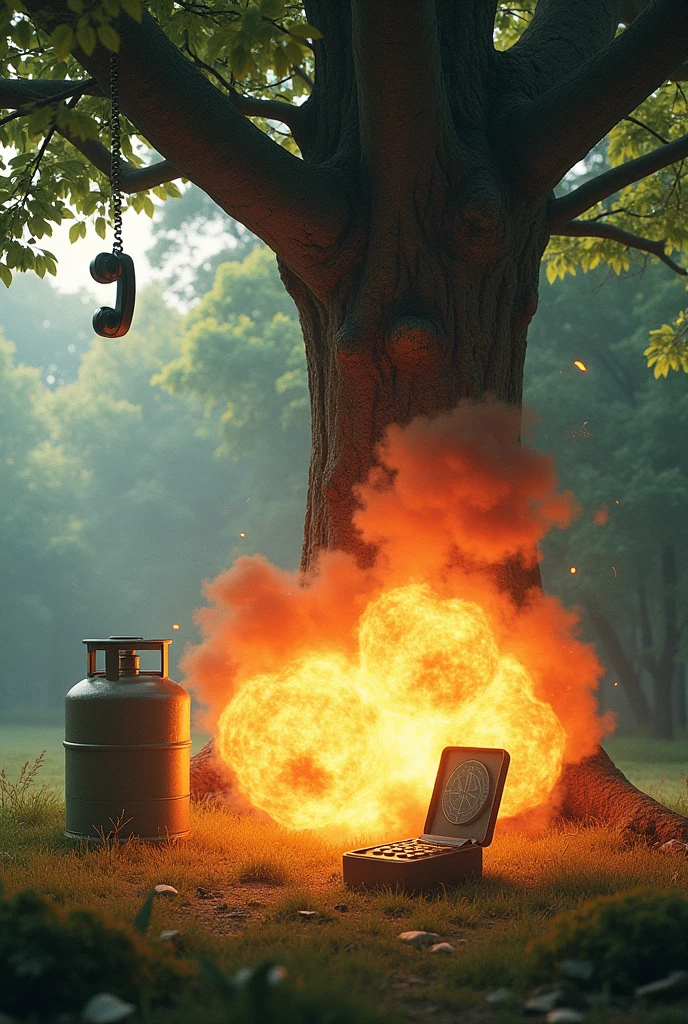 An gas cylinder blasting under tree .A telephone is in tree . A compass is in front of tree.