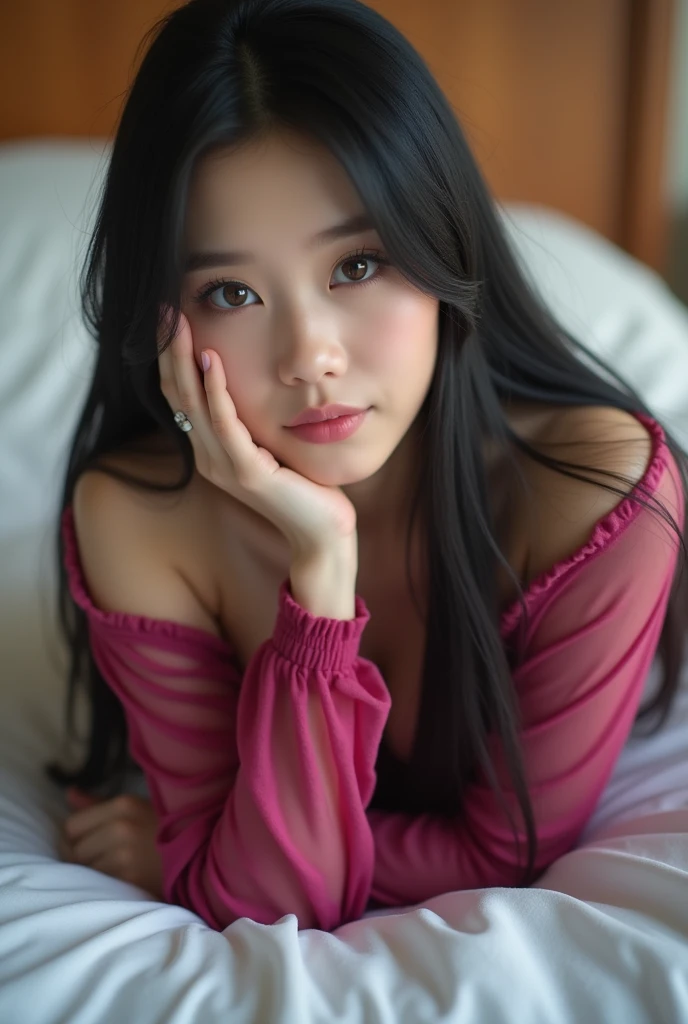 (full body shot:1) laying forward down, photorealistic image of a woman, ultrarealistic, photography, straight long black hair, asian woman, beautiful cute sexy asian 20 years old woman, hourglass figure, perfect body, Flirty look, natural big breasts, long eyelashes, cat eye make-up, double eyelids, sexy pose, erotic pose, seductive pose, big breasts, big tits , she wears a Full Print magenta Mesh Off-Shoulder Long Sleeve Summer Top , shorts, beautiful scenery ,sexy pose, arms on forehead