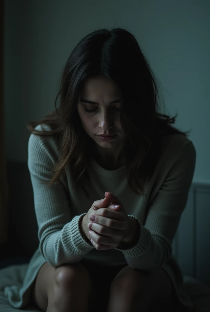 Please output a woman sitting and feeling depressed. 1080px x 1920px