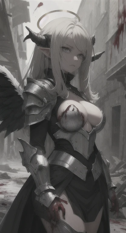 devil horns, angel wings, Halo, Glaring at viewer, slit pupils, cursed armor covered in blood, chimaera, Lilica covered in blood, medieval, village ruins, blood everywhere,