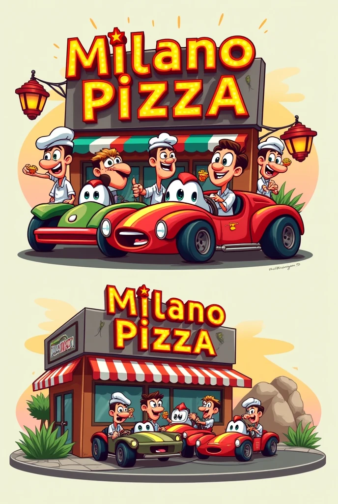 Logo et personnages humour pour ma pizzeria " Milano Pizza " incluant le karting électrique partenaire juste a côté