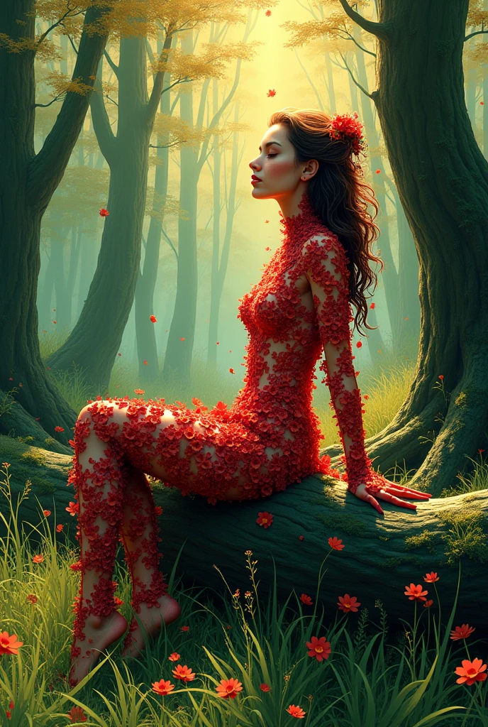 (work of art, best qualityer, high resolution:1.4), detailded, details Intricate, 4K, color splashing, line art). 1womanl. Her skin is made of red flowers all over her body. She is sitting on a log covered in deep green slime.. The scene is a forest with spaced trees, that shines beams of sunlight on her skin and the grass on the ground. She looks up at the sky with half-closed eyes., as if you were feeling the sun's rays touching your skin. your hair is the color of your skin, your skin is pink. floral frame, decorative panels, artistic by Vincent Van Gogh, Van Gogh