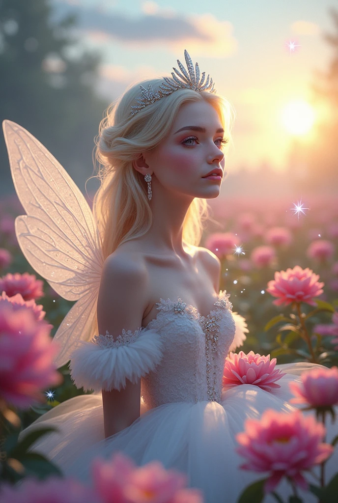 (best quality, masterpiece, Very detailed, Very detailed, Beautifully, 16K,Full HD),A little closer,Dramatic Lighting,Pastel colors,Asahi, Soft lighting, ((Solitary:1.5)),A sky at dawn,from above,((head shot)),wake up,Lots of flowers,The entire screen is surrounded by flowers,(Crystal Forest),(Fairy tale princess, Purple Eyes, Long eyelashes,White skin,Slim,Light pink plump lips,Pale pink cheeks, Blonde,Slender,(High and pointed nose,Small nose),(腰の少しfrom above巨大な妖精の羽),elegant,Flower Magic,Diamond Tiara,Diamond Earrings,Diamond Earrings,Diamond necklace,White ball gown with diamonds, Lace and ruffles,(Smile:1.2), (fantasy, Romantic atmosphere), Magic lights,