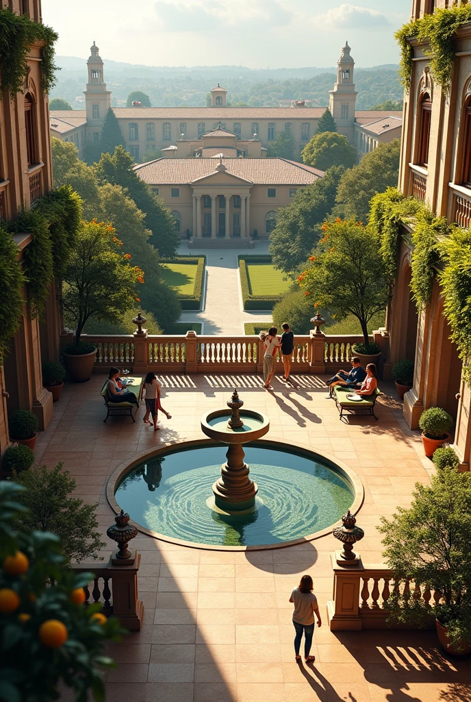 a terrace on the second floor of a university with Italian garden style, with many areas for students to study outdoors and a smoking area