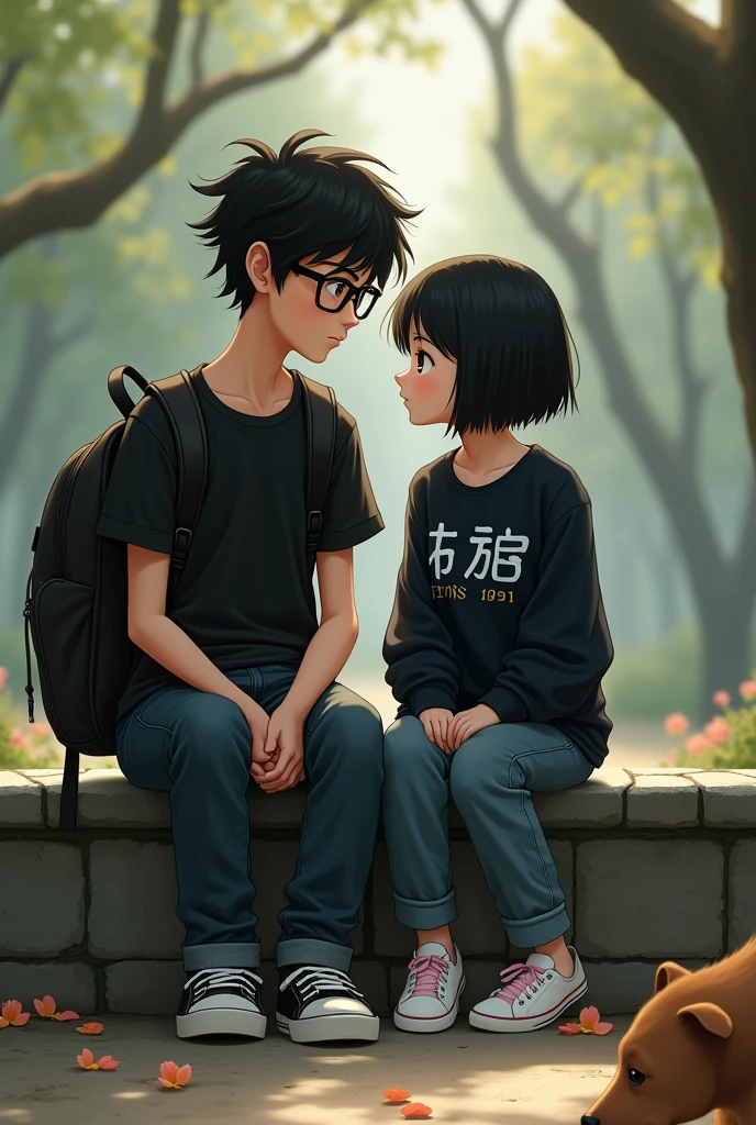 Boy and girl sitting on stone bench in old park, thin boy with black shirt and dark jean, with glasses and messy hair, with black bag and converse shoes, girl with short black hair, light brown eyes, Dark sweater with white Chinese letter print, baggy jeans, white shoes with pale pink. Sitting in the park looking at each other. Dog defecating with blurred background.