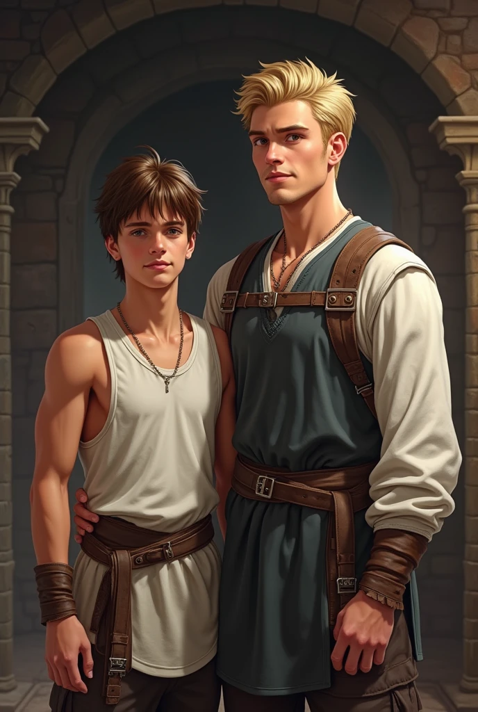 Medieval Brothers,  handsome young teenage brown haired man wearing a tank top without a shirt and another 25 year old blond man wearing a tank top and a white long sleeved athlete shirt.