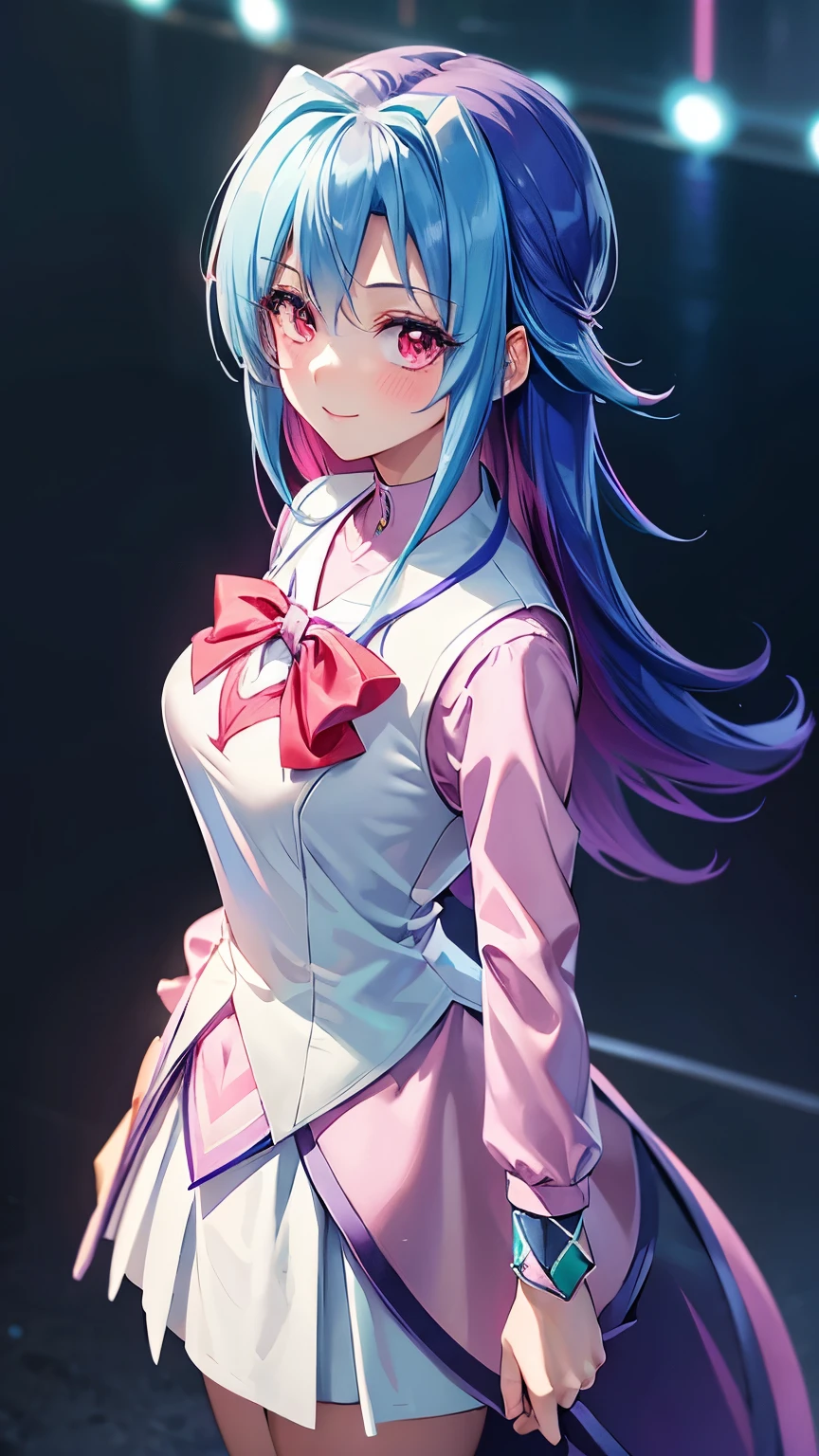 masterpiece, best quality, highres, kr1, multicolored hair, dyed bangs, long sleeves, bow, pink dress, white vest, white skirt,smile,big tits  ,looking at viewer,top view,(standing), bracelet, Cyber city,green neon lights,((perfect face)),perfect body, perfect , high definition,blush,((upper body))